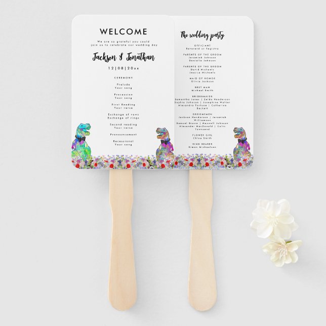 Leque Dinosaur 2 Grooms Gay Wedding Day Program (Frente e Verso)