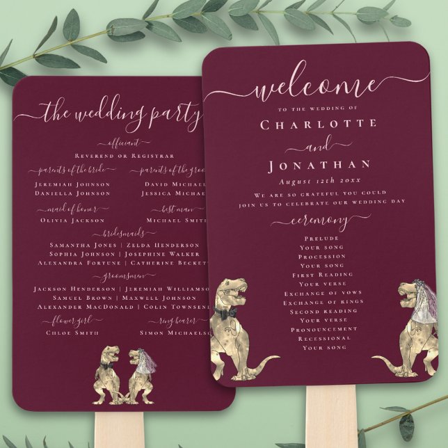 Leque Dinosaur Wedding Ceremony Burgundy Wine Blush Pink (T-Rex bride and groom dinosaur burgundy wine blush pink wedding ceremony program fans Elegant script)