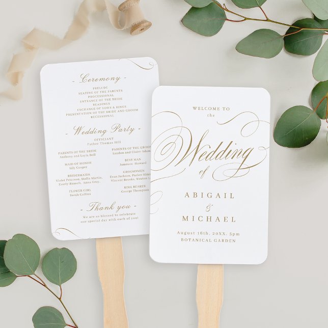 Leque Dourado programa clássico de caligrafia (Gold elegant classic calligraphy wedding programs hand fan)