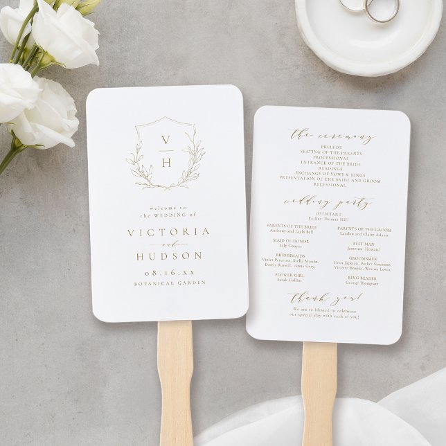 Leque Dourado programa de casamento do monograma da cris (Gold botanical crest monogram wedding program hand fan)