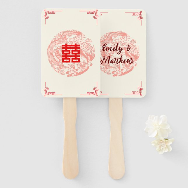 Leque Dragão e casamento chinês vermelho de Phoenix (Frente e Verso)