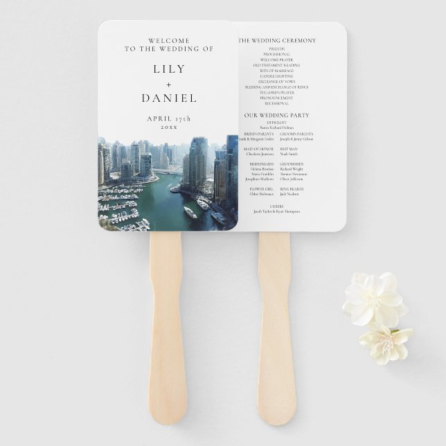 Leque Dubai Skyline Watercolor Wedding Program (Frente e Verso)