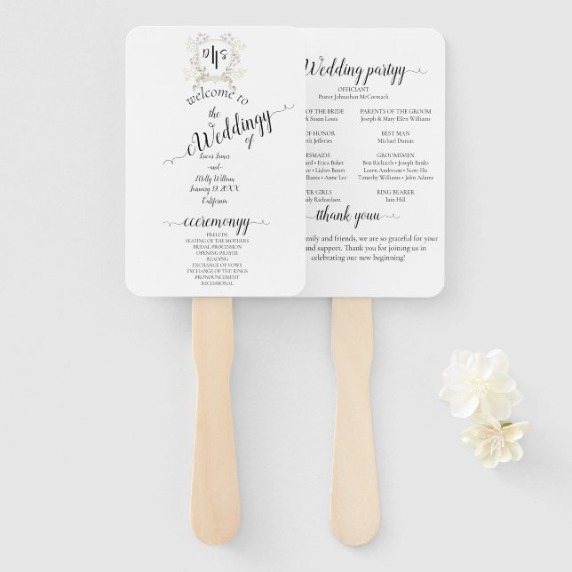 Leque Dusky Wildflower Monograma Crest Casamento (Frente e Verso)