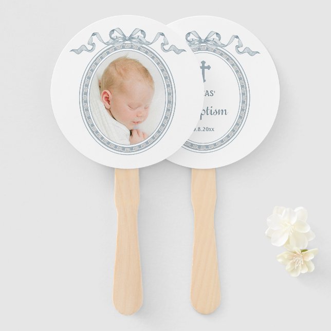 Leque Dusty Blue Arco Frame Grego Baptismo (Frente e Verso)