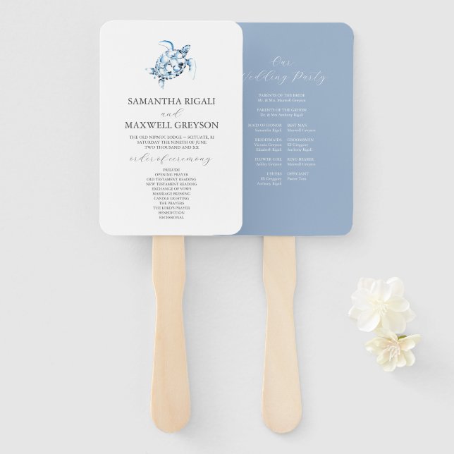 Leque Dusty Blue Beach Wedding Program (Frente e Verso)