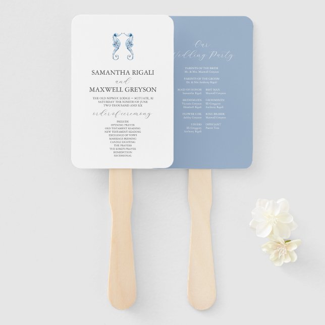 Leque Dusty Blue Beach Wedding Program | Seahorses (Frente e Verso)