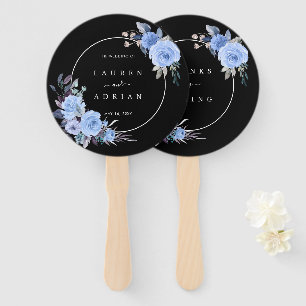 Leque Dusty Blue & Black Floral Weding Obrigado