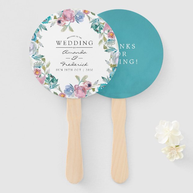 Leque Dusty Blue e Turquoise Floral Weding Favor (Frente e Verso)