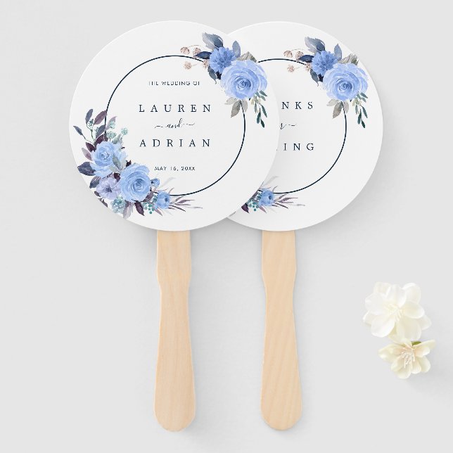 Leque Dusty Blue Floral Casamento Obrigado (Frente e Verso)