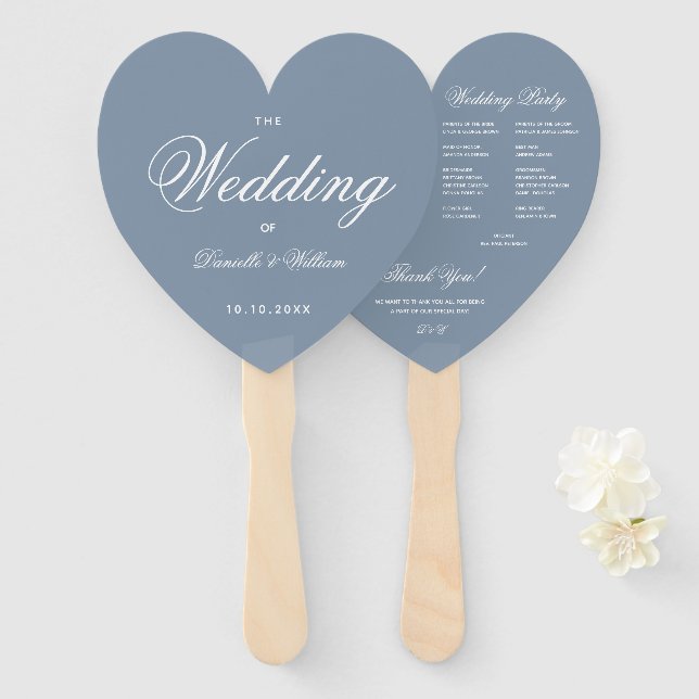 Leque Dusty Blue Heart Elegant Script Wedding Program (Frente e Verso)