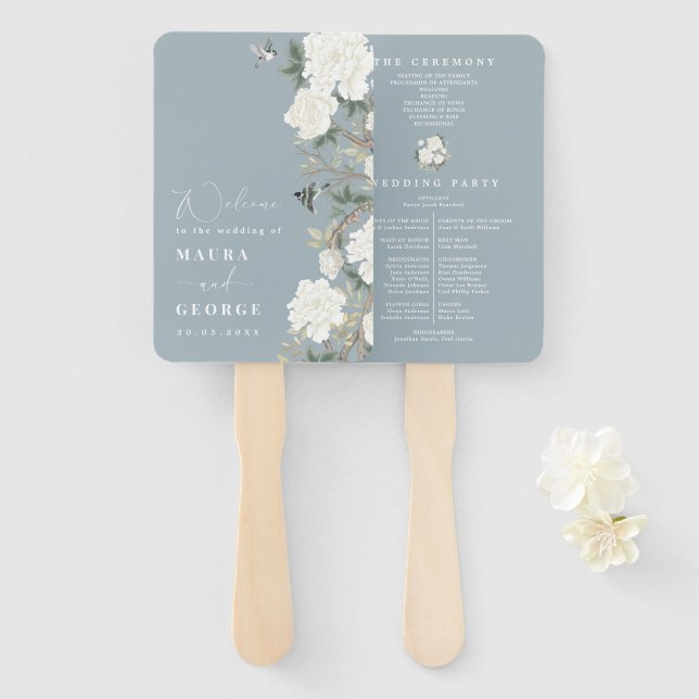 Leque Dusty Blue Ivory Chinoiserie Wedding Program (Frente e Verso)