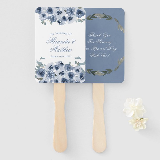 Leque Dusty Blue Sage Watercolor Casamento Peony Obrigad (Frente e Verso)