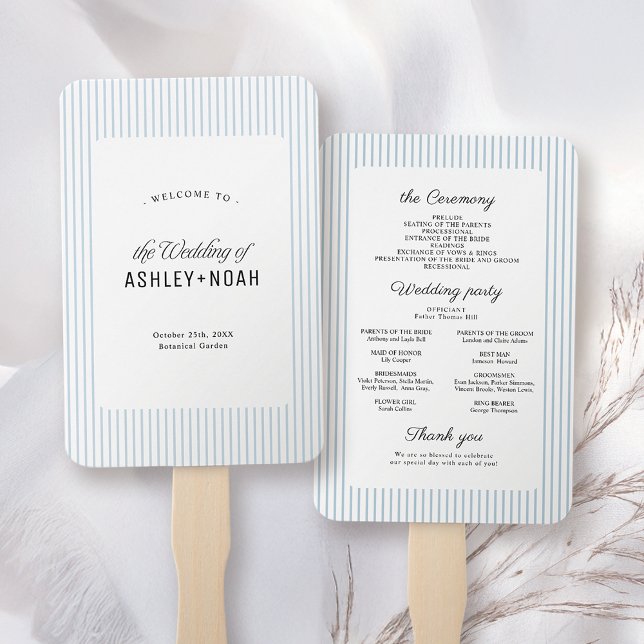 Leque Dusty Blue Striped Elegance Classy Wedding Program (Dusty Blue Striped Elegance Classy Wedding Program Hand Fan)
