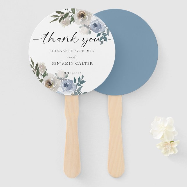 Leque Dusty Blue Wedding Floral Elegante Rustic (Frente e Verso)