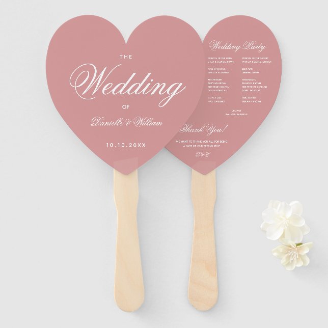 Leque Dusty Rosa Elegant Script Heart Wedding Program (Frente e Verso)