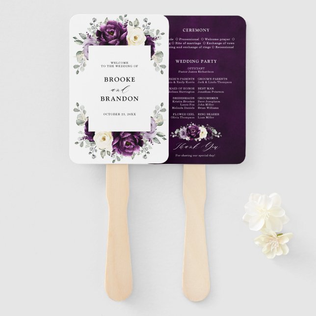 Leque EggPlant Purple Plum Ivory White Weding Program H (Frente e Verso)