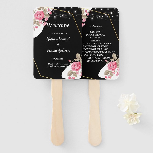 Leque Elegância Moderna Programa de Casamento com Cordão (Frente e Verso)