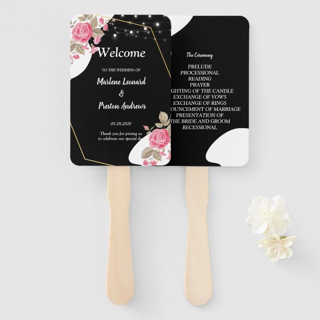 Leque Elegância Moderna Programa de Casamento Floral Ros (Frente e Verso)