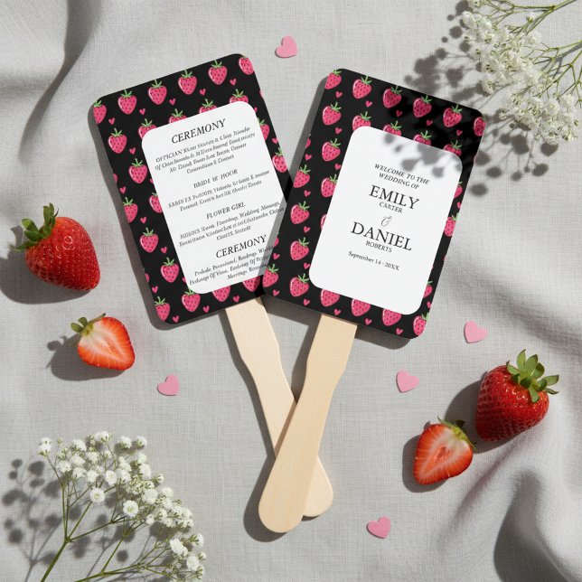 Leque Elegant Black & Pink Strawberry Wedding (Criador carregado)