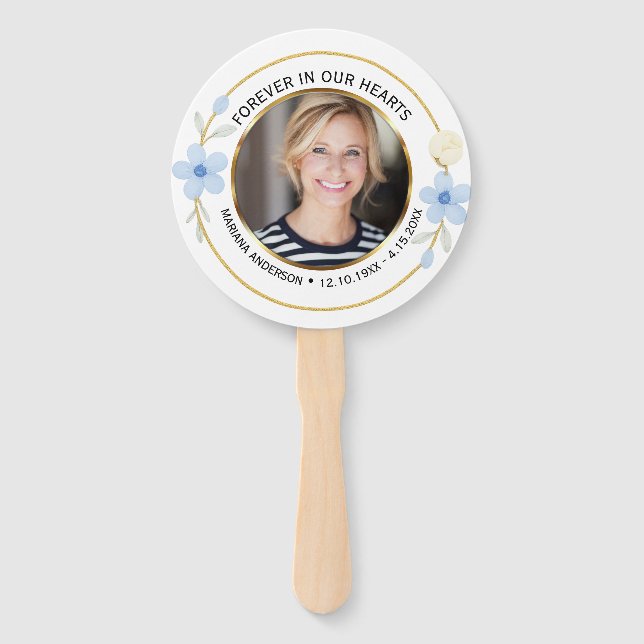 Leque Elegant Blue & Gold Floral Memorial Photo (Frente)