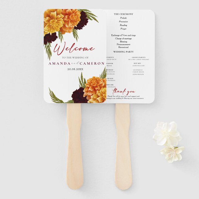 Leque Elegant Burgundy Red "MARIGOLD" Wedding Program  (Frente e Verso)