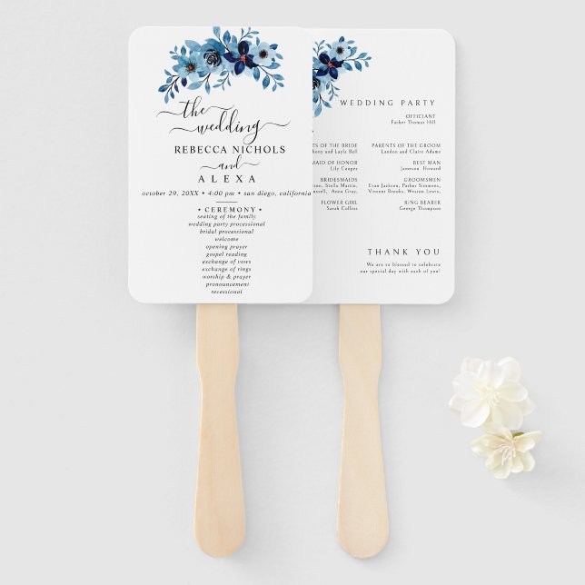 Leque elegant dusty Blue watercolor flower bouquet (Frente e Verso)