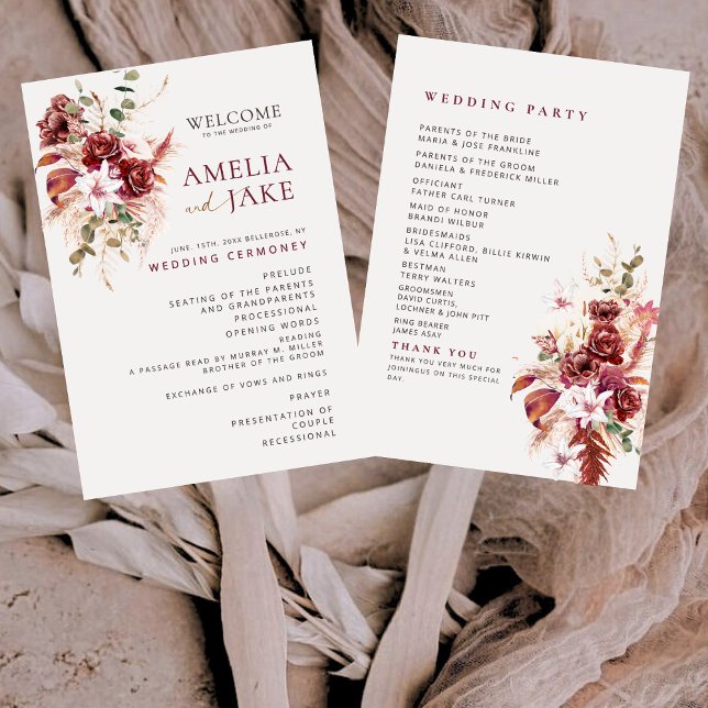 Leque Elegant Floral Burgundy & Blush Boho Wedding  (Criador carregado)