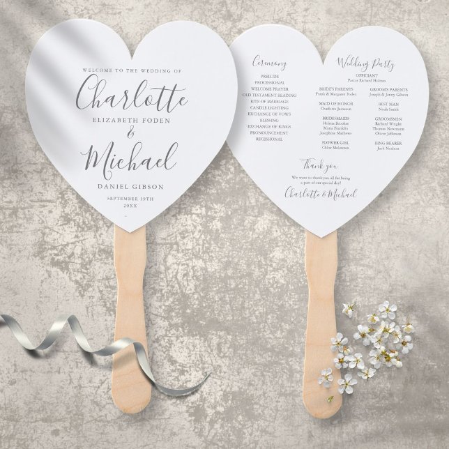 Leque Elegant Gray Script Wedding Program Heart (Criador carregado)