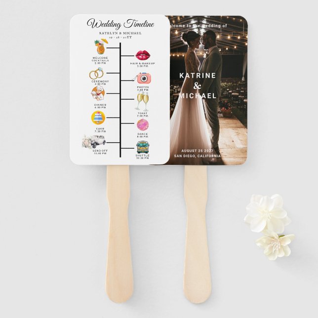 Leque Elegant Photo Modern Wedding Program Hand Fan (Frente e Verso)