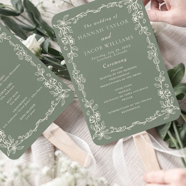 Leque Elegant Sage Green Vintage Wedding Program (Criador carregado)
