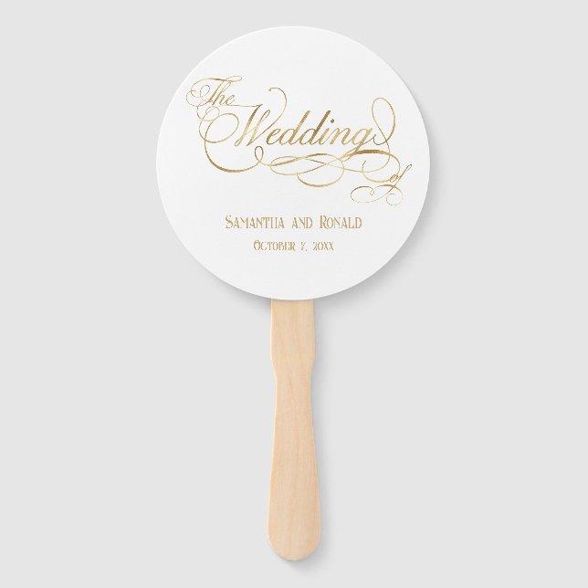 Leque Elegant White and Faux Gold Calligraphy Wedding (Frente)