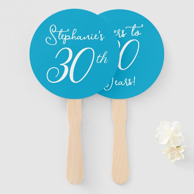 Leque Elegante Aqua Blue Cheers para 30 anos de aniversá (Frente e Verso)