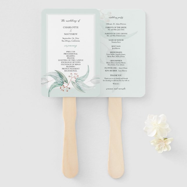 Leque Elegante Boho Eucalyptus Flores Aquarela (Frente e Verso)