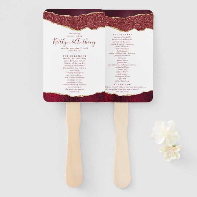 Leque Elegante Burgundy e Dourado programa de casamento  (Frente e Verso)