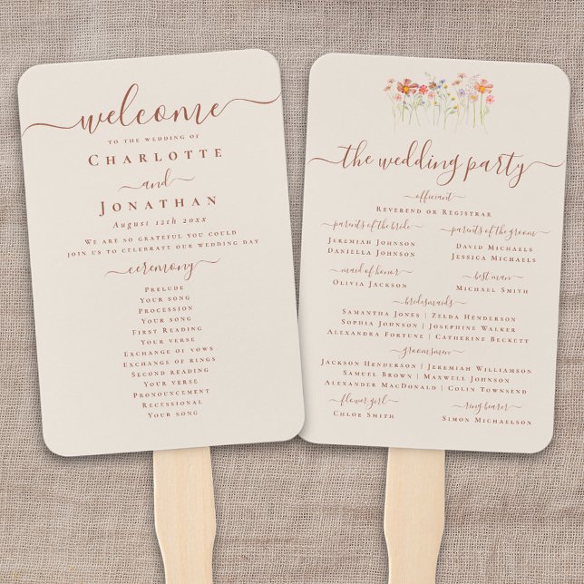 Leque Elegante Cerimônia de Casamento Boho Outono com Fl (Boho fall Wildflower meadow garden floral BEIGE TAN TERRACOTTA RUST SCRIPT Wedding ceremony program )