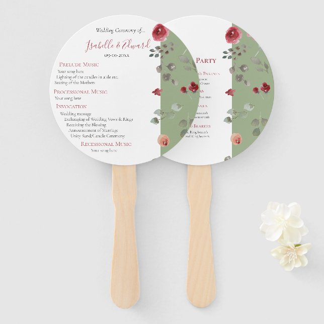 Leque Elegante Cerimônia de Casamento com Rosas Burgundy (Frente e Verso)