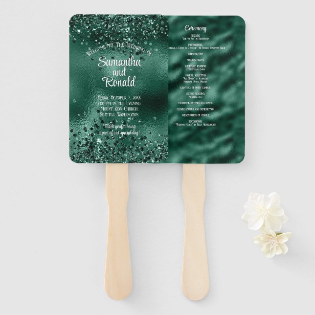 Leque Elegante Faux Green Glitter & Foil Weding Program (Frente e Verso)