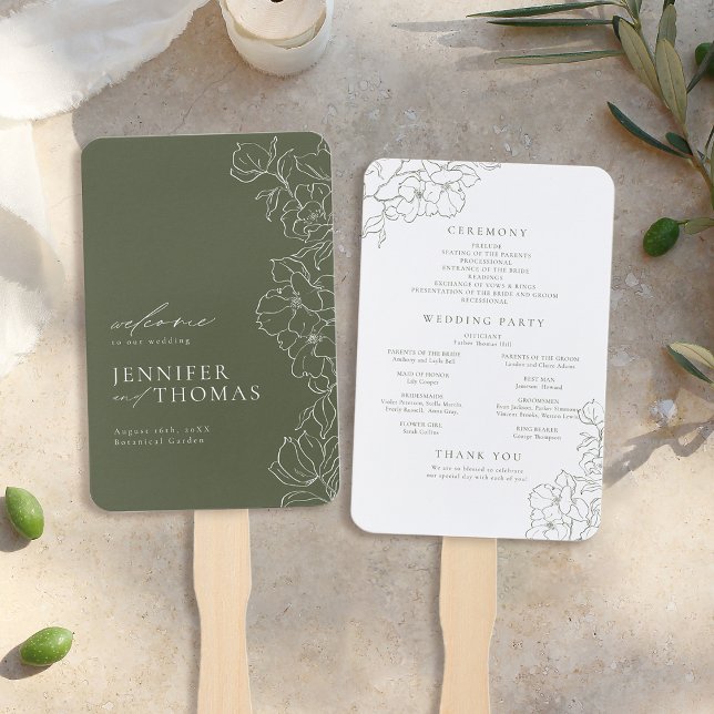 Leque Elegante floral Sage Green programa de casamento (Elegant floral sage green wedding program hand fan)