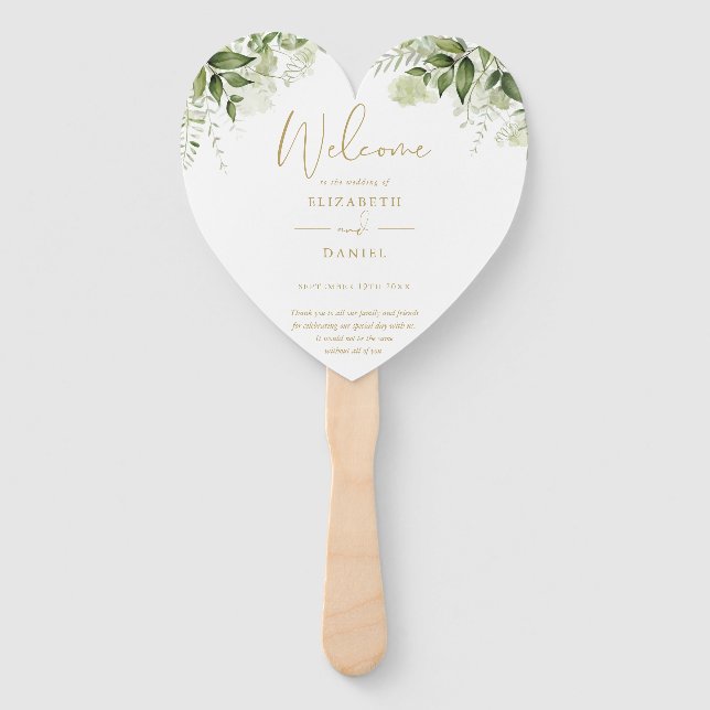 Leque Elegante Greenery Floral Dourado Wedding Program H (Frente)