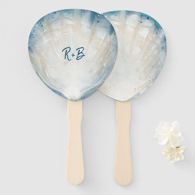 Leque Elegante Monograma Watercolor Seashell Rustic Beac (Frente e Verso)