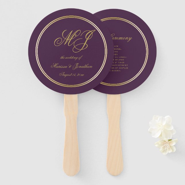 Leque Elegante Plum Purple Dourado Monogramas (Frente e Verso)