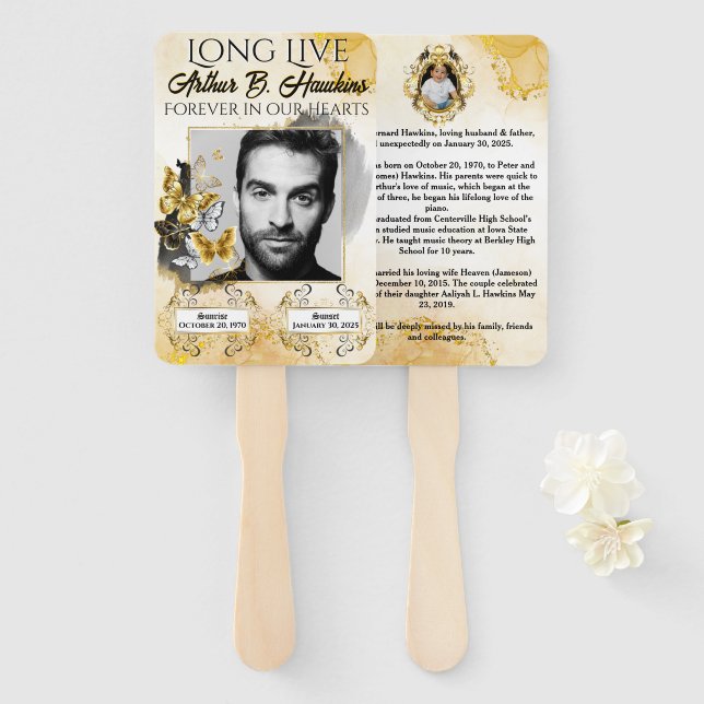 Leque Elegante Preto e Dourado 2 Fotos Funeral/Memorial (Frente e Verso)