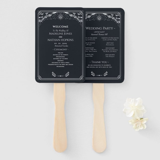 Leque Elegante Programa de Casamento de Prata Gótica Tar (Frente e Verso)