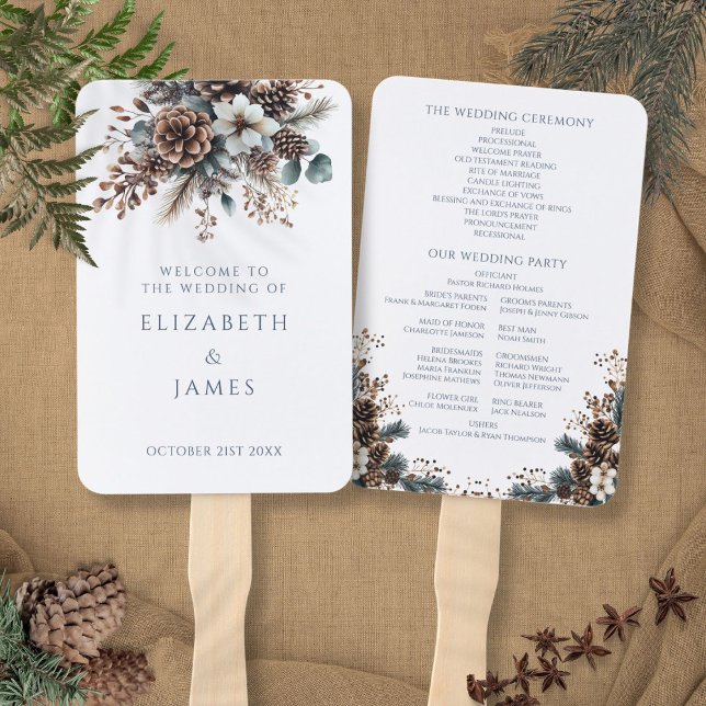 Leque Elegante Rustic Floral Pinecones Weding Program (Elegant Rustic Floral Pinecones Wedding Program Hand Fan)