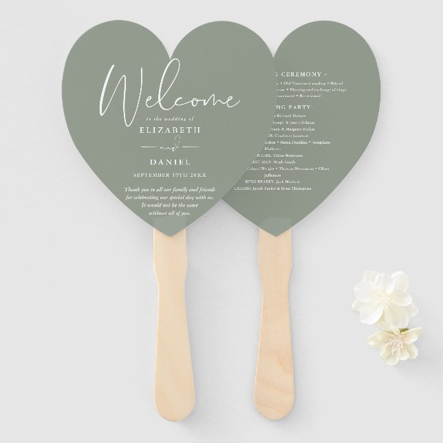 Leque Elegante Sage Green Wedding Program Heart (Frente e Verso)