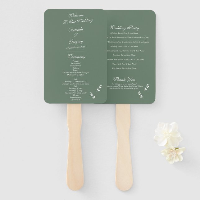 Leque Elegante Sage Olive Script Weding Program (Frente e Verso)