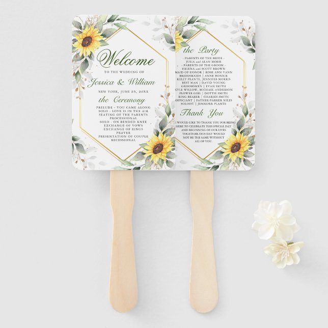 Leque Elegante Sunflower Greenery Floral Weding Program (Frente e Verso)