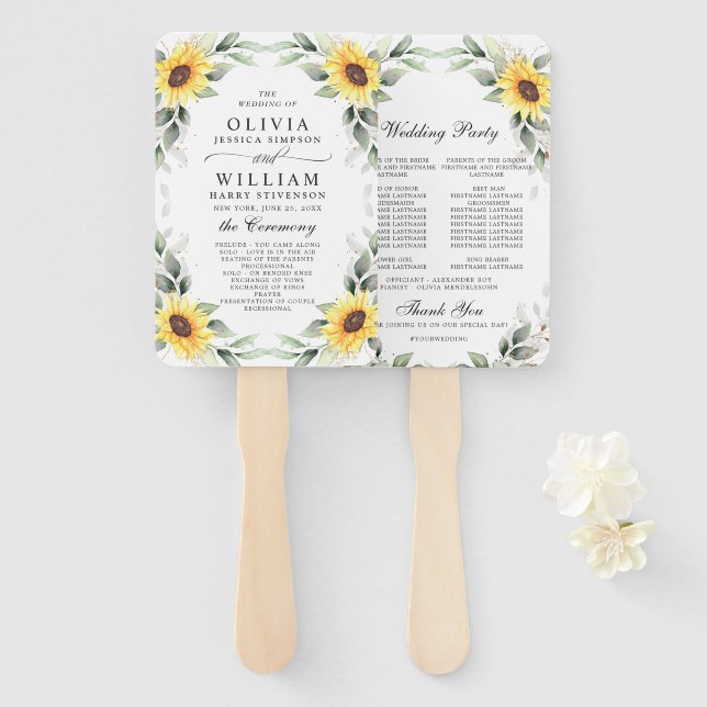 Leque Elegante Sunflower Greenery Floral Weding Program (Frente e Verso)