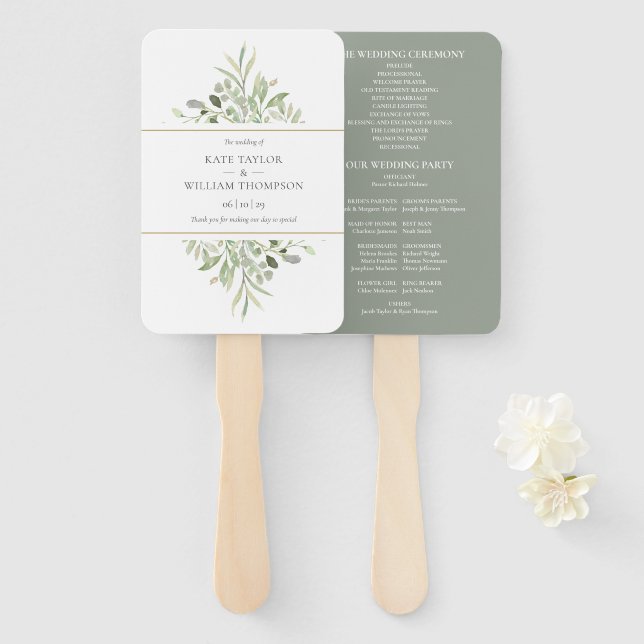 Leque Elegante Watercolor Greenery Wedding Program (Frente e Verso)