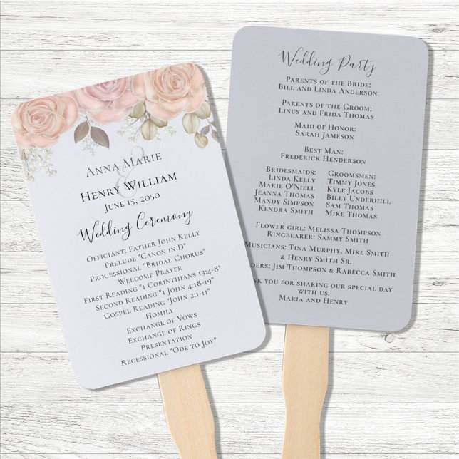 Leque Elegante Wedding Rosa Dourado Watercolor Program (Blush pink and blue ceremony fan program.)
